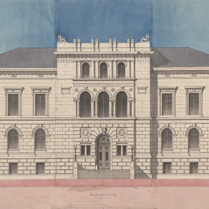 Projektplan Zuger Regierungsgebäude, Ostfassade gegen den Postplatz, undatiert (ca. 1868). Staatsarchiv Zug.