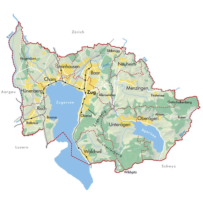 Geografische Karte des Kantons Zug und dessen Gemeinden