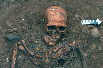 ausgegrabenes Skelett mit Perlen