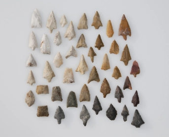 Abb. 6: Cham-Bachgraben, Auswahl an Feuersteinpfeilspitzen, um 2500 v. Chr. Die unterschiedlichen Farbgebungen weisen auf unterschiedliche Rohmaterialquellen hin. Foto ADA ZG, Res Eichenberger.
